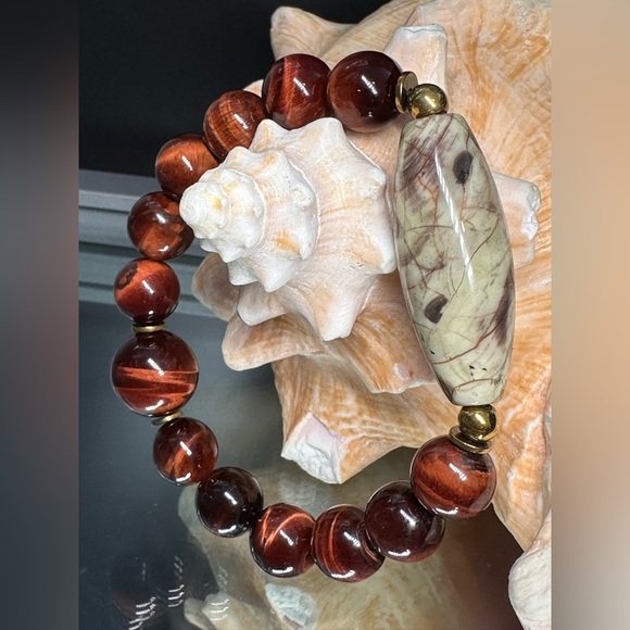 RED TIGERS EYE + MUSHROOM JASPER NATURAL STONES BRACELET size 7” - Picture 2 of 9